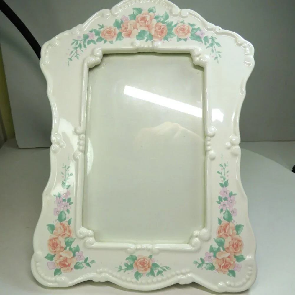 Ceramic Vintage Peachy Pink Roses Picture Frame w Lilac Flowers 10